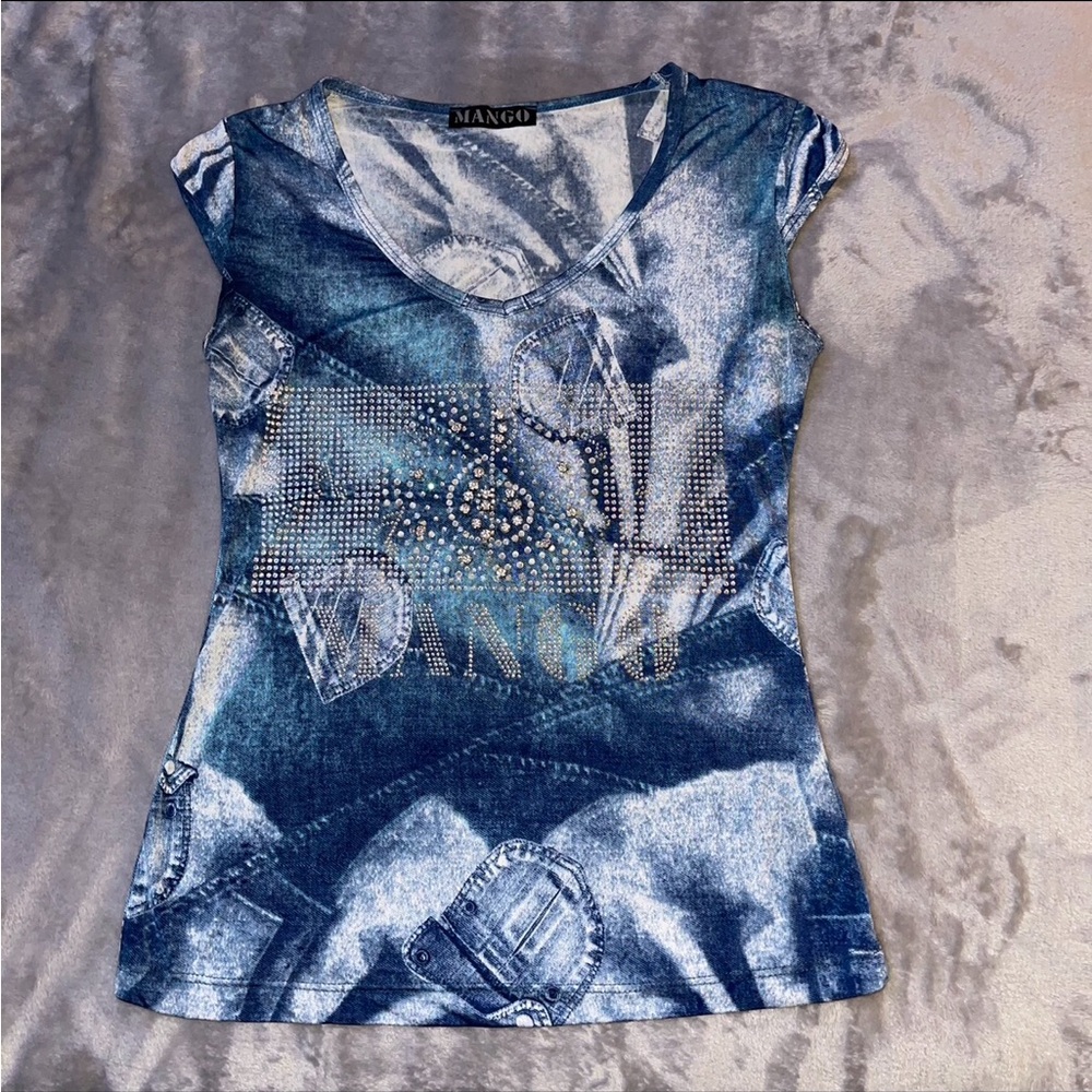 Mango Women's Blue Print Rhinestone Scoop Neck Tee, Top, Short Sleeve, Shirt